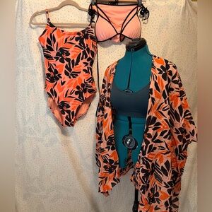 Old Navy Coral and Black Floral One-Piece Swimsuit with Matching Cover-Up